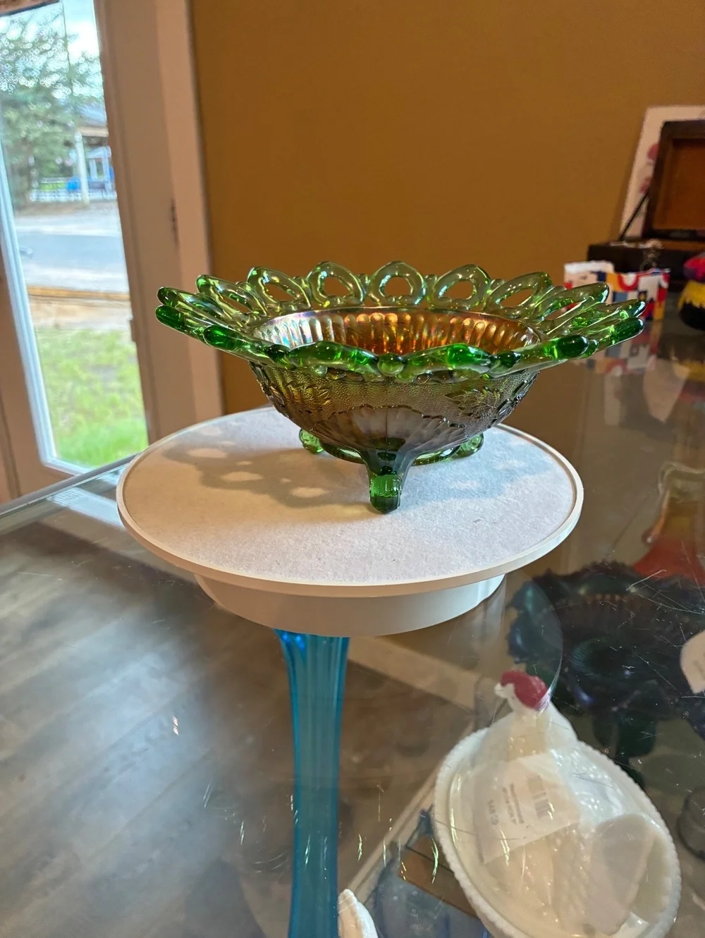 Northwood Antique Wild Rose Green Carnival Glass Open Edge Bowl